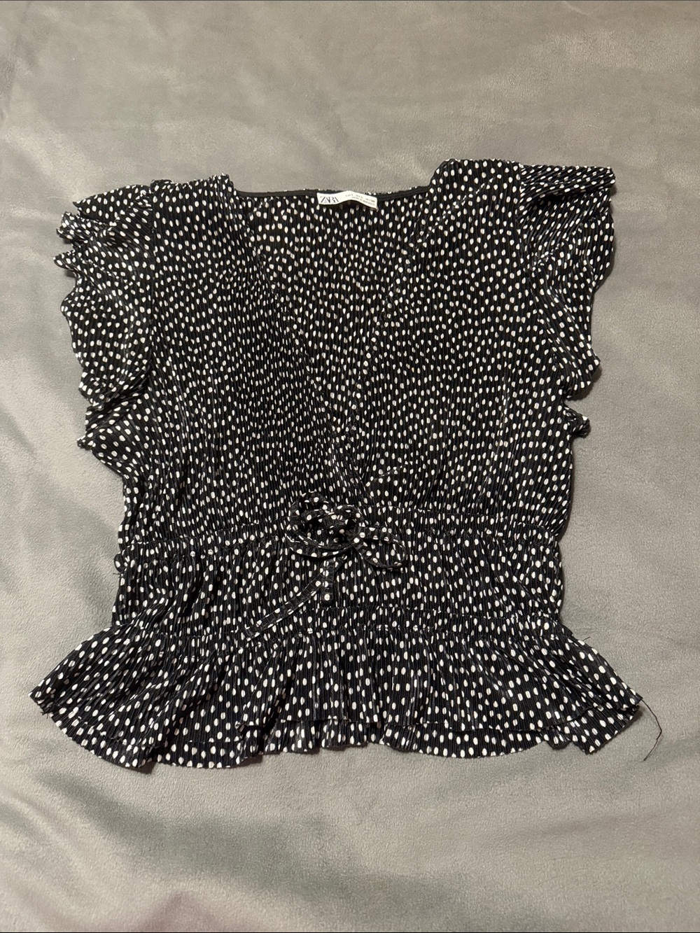 Zara Black Top with White Dot Print and Smocked Waist